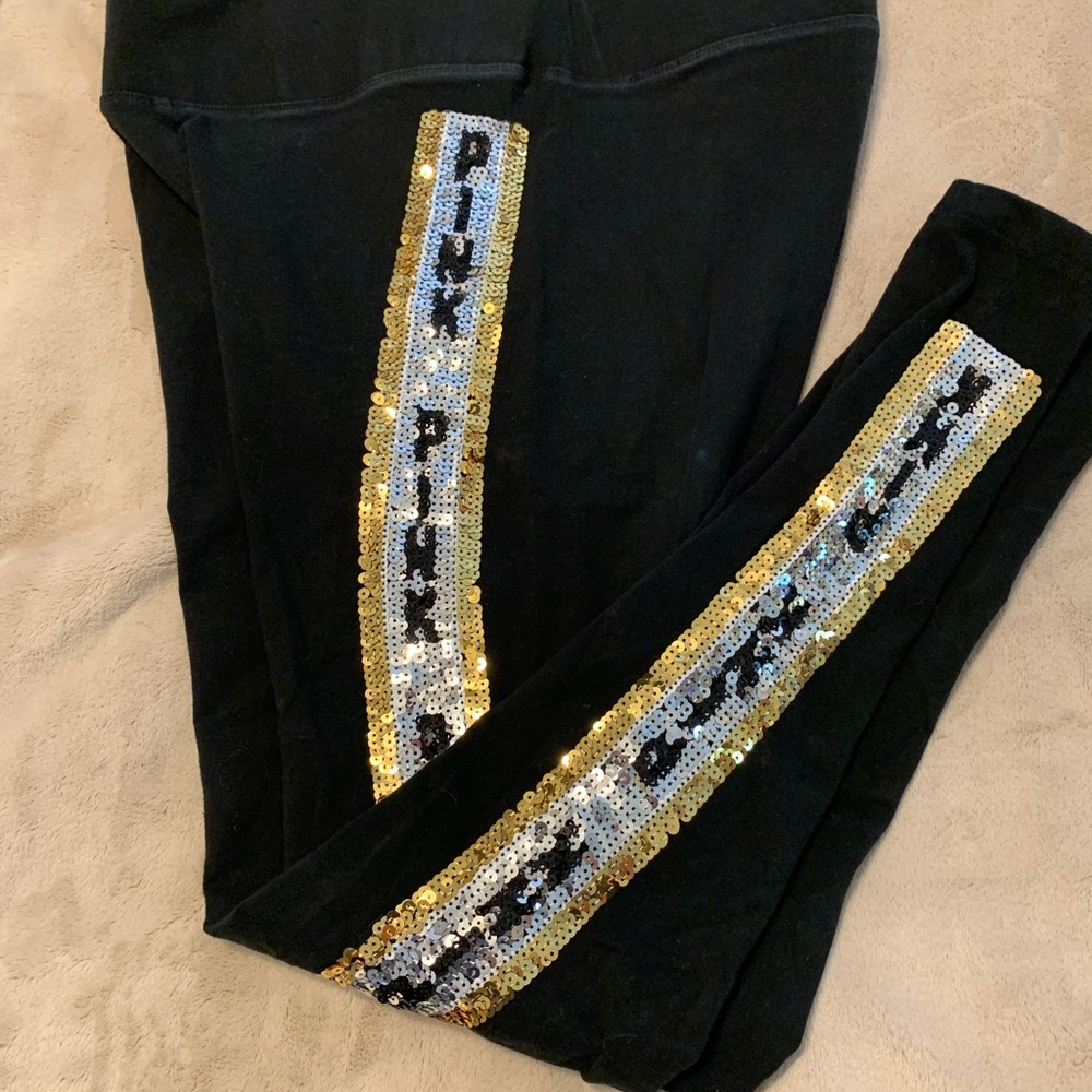 PINK Victoria's Secret Black Leggings with Gold and Silver Sequins